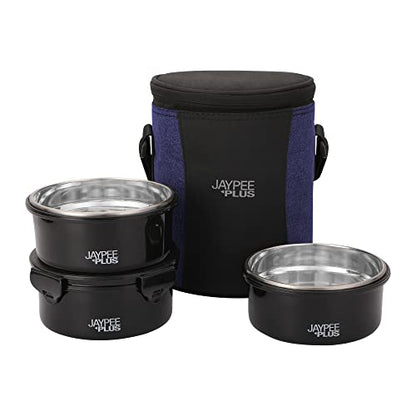Jaypee Plus Microplus 400 ml Each Stainless Steel Office Lunch Box | BPA Free, Microwave Safe & Spillproof Airtight 2 Containers | Including Insulated Bag | Ideal for College & School (Black)|B0DC4GDX6F