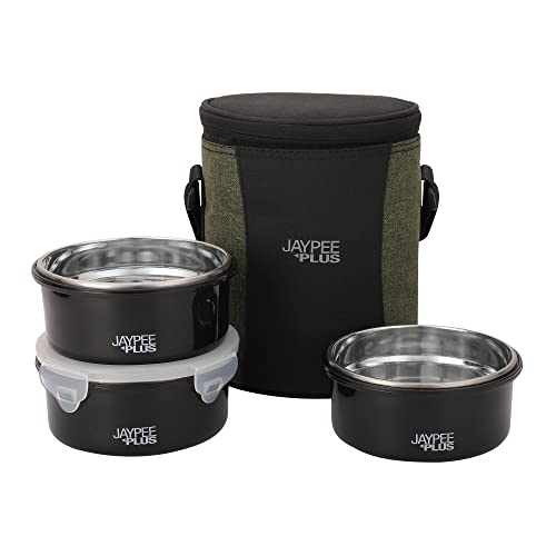 Jaypee Plus Microplus 400 ml Each Stainless Steel Office Lunch Box | BPA Free, Microwave Safe & Spillproof Airtight 2 Containers | Including Insulated Bag | Ideal for College & School (Black)|B0DC4GDX6F