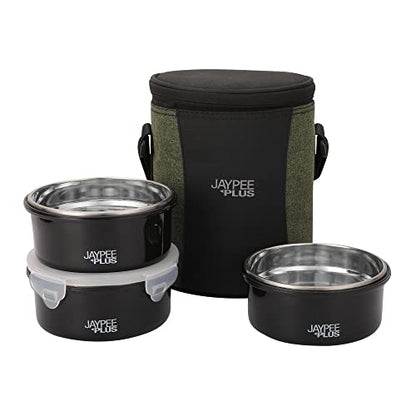 Jaypee Plus Microplus 400 ml Each Stainless Steel Office Lunch Box | BPA Free, Microwave Safe & Spillproof Airtight 2 Containers | Including Insulated Bag | Ideal for College & School (Black)|B0DC4GDX6F
