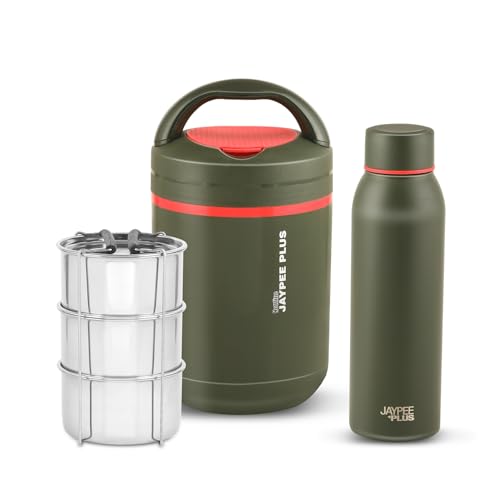 Jaypee Plus Hottspot Electric Lunch Box with 3 Stainless Steel containers 350 ml Each & 650 ml Vaccum Insulated Hot & Cold Water Bottle | Easy to Carry, Pull in & Out | Food Grade,Green|B0DNSZ9JQV