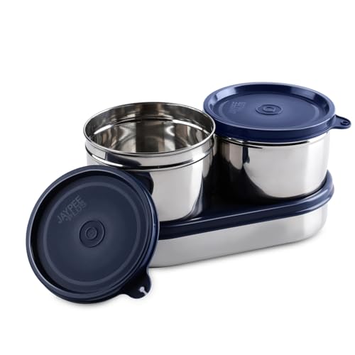 Jaypee Plus Basix Lunch Box for Office 1300 ml 3 Containers (1-450 ml, 2-400 ml) Air Tight Leakproof Stainless Steel Container with Bag | BPA Free | Easy to wash | Ideal for College & School, Blue|B0FSL7SYQD