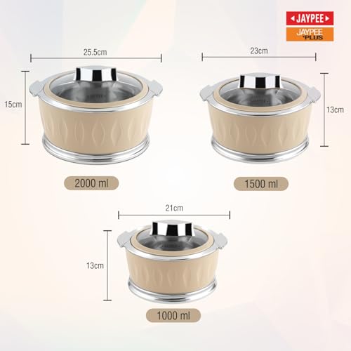 JAYPEE Dazzle Inner Stainless Steel Casserole Set of 3 with Chrome Plated Knob | Lockable Toughened Glass Lid | BPA Free Insulated Casserole Set | Food Grade | Serving Set,1000+1500+2000 ml,Beige|B0CVB7C431
