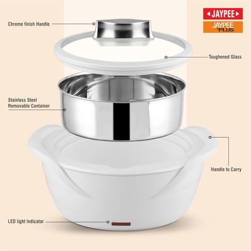 Jaypee Plus Power Serve Inner Stainless Steel Electric Casserole with Glass Lid, 1500 ml, Removable Steel Bowl for Easy Cleaning |Food Grade Serving Set |Ideal For Serving Warm Dish, White|B09MTV2QKB