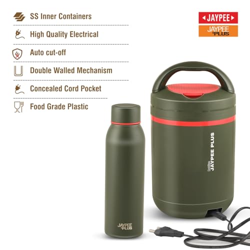 Jaypee Plus Hottspot Electric Lunch Box with 3 Stainless Steel containers 350 ml Each & 650 ml Vaccum Insulated Hot & Cold Water Bottle | Easy to Carry, Pull in & Out | Food Grade,Green|B0DNSZ9JQV