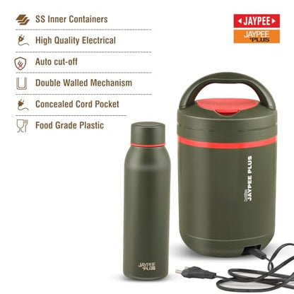 Jaypee Plus Hottspot Electric Lunch Box with 3 Stainless Steel containers 350 ml Each & 650 ml Vaccum Insulated Hot & Cold Water Bottle | Easy to Carry, Pull in & Out | Food Grade,Green|B0DNSZ9JQV