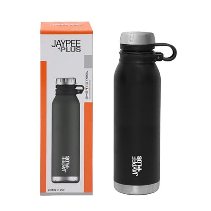 Jaypee Plus Charlie Stainless Steel Water Bottle,Long Hours Hot and Cold Water Bottle| Leak Proof | Office Bottle | Gym Bottle | Hiking | Trekking | Travel Bottle 750 ml, Black|B0CV5R59PR