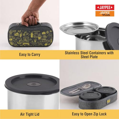 Jaypee Plus Magicseal Stainless Steel 2 Container Office Lunch Box 350 ml Each with Steel Dish & Insulated Washable Bag Spillproof Leakproof Lunch Box for Man & Women Airtight Tiffin Box,Grey|B0GGJR9HX5