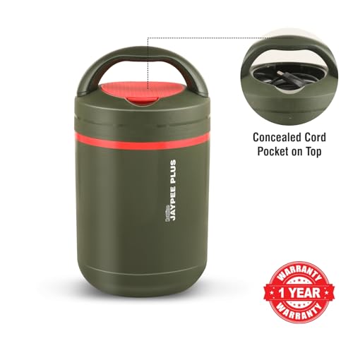 Jaypee Plus Hottspot Electric Lunch Box with 3 Stainless Steel containers 350 ml Each & 650 ml Vaccum Insulated Hot & Cold Water Bottle | Easy to Carry, Pull in & Out | Food Grade,Green|B0DNSZ9JQV