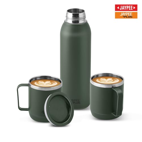 Jaypee Plus Gravitas Insulated Vacuum Stainless Steel Flask with Cup 620 ml Gift Set 2 Drinking Cup 250 ml Spilproof Mug with Non Slip Base & Airtight Lid Diwali Festival Gift Set, Green|B0FTZ527BP