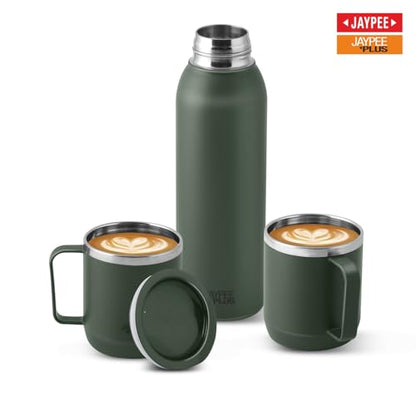 Jaypee Plus Gravitas Insulated Vacuum Stainless Steel Flask with Cup 620 ml Gift Set 2 Drinking Cup 250 ml Spilproof Mug with Non Slip Base & Airtight Lid Diwali Festival Gift Set, Green|B0FTZ527BP