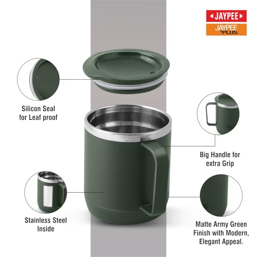 Jaypee Plus Gravitas Insulated Vacuum Stainless Steel Flask with Cup 620 ml Gift Set 2 Drinking Cup 250 ml Spilproof Mug with Non Slip Base & Airtight Lid Diwali Festival Gift Set, Green|B0FTZ527BP