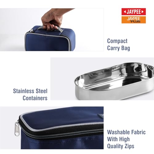 Jaypee Plus Basix Lunch Box for Office 1300 ml 3 Containers (1-450 ml, 2-400 ml) Air Tight Leakproof Stainless Steel Container with Bag | BPA Free | Easy to wash | Ideal for College & School, Blue|B0FSL7SYQD