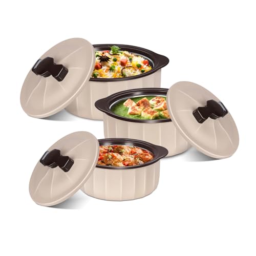 JAYPEE Micro Smart Inner Stainless Steel Serving Casserole Set of 3 (1000,1500,2000 ml) with Stylish Design |Microwave Safe |Lockable Lid |Hot Pot |BPA free, Swiss Coffee|B0F4DQZM4Z