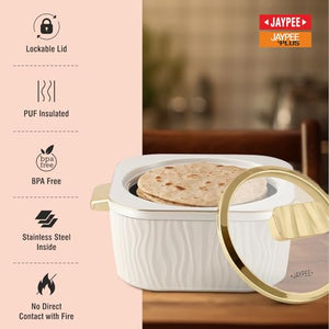 JAYPEE Crinkle Klass Inner Stainless Steel Casserole Set of 3(1000+1500+2000) ml PUF Insulated Gold Finish Handle Lockable Lid BPA Free Hot Box for Kitchen Roti Box Hot Pot Serving Casserole,White