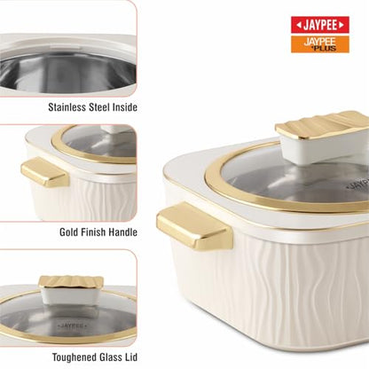 JAYPEE Crinkle Klass Inner Stainless Steel Casserole Set of 3(1000+1500+2000) ml PUF Insulated Gold Finish Handle Lockable Lid BPA Free Hot Box for Kitchen Roti Box Hot Pot Serving Casserole,White|B0GN2GCCRS