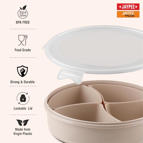 JAYPEE Sapor Plastic Airtight Serving Dry Fruit Container Set of 4-1600 ml with Round Box Removable Container Leakproof with Silicon Seal Transparent Dry Food Box Diwali Gift Pack, Beige|B0G2YHHPS5