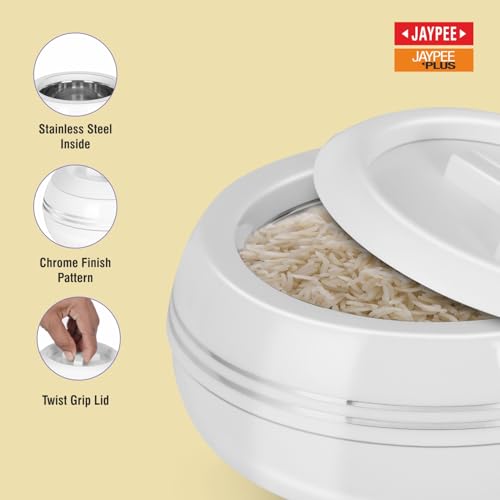 JAYPEE Palazio 1200 Inner Stainless Steel Casserole Pu Insulated Lockable Lid Food Grade Rustproof Hotbox for Kitchen Hot Pot for Rice Stackable Ideal for Gifting Capacity 1200 ml, White|B0FQV2W76J