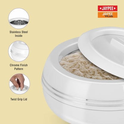 JAYPEE Palazio 1200 Inner Stainless Steel Casserole Pu Insulated Lockable Lid Food Grade Rustproof Hotbox for Kitchen Hot Pot for Rice Stackable Ideal for Gifting Capacity 1200 ml, White|B0FQV2W76J