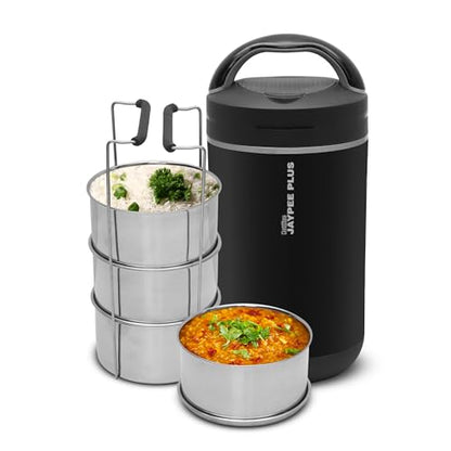 Jaypee Plus Hottline 3-320X3 ml Inner Stainless Steel |Outer Plastic Body|Electric Lunch Box for Offfice|Shockproof Design|BPA Free|Reheat Food in 30 Minutes|Convenience case for Power Cord,Black|B0727R3MGN
