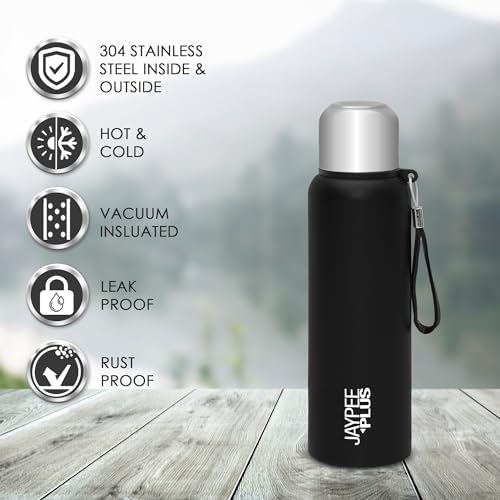 Jaypee Plus Quebec 304 Stainless Steel Double Wall Thermosteel Vaccum Insulated 24 Hours Hot and Cold Water Bottle |Leakproof Flask|Ideal for School, Office & Travel - 820 ml, (Black)|B08B1M7K6V