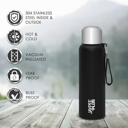 Jaypee Plus Quebec 304 Stainless Steel Double Wall Thermosteel Vaccum Insulated 24 Hours Hot and Cold Water Bottle |Leakproof Flask|Ideal for School, Office & Travel - 820 ml, (Black)|B08B1M7K6V