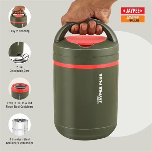 Jaypee Plus Hottspot Electric Lunch Box with 3 Stainless Steel containers 350 ml Each & 650 ml Vaccum Insulated Hot & Cold Water Bottle | Easy to Carry, Pull in & Out | Food Grade,Green|B0DNSZ9JQV