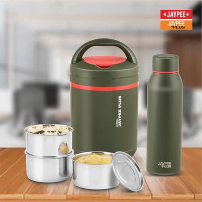 Jaypee Plus Hottspot Electric Lunch Box with 3 Stainless Steel containers 350 ml Each & 650 ml Vaccum Insulated Hot & Cold Water Bottle | Easy to Carry, Pull in & Out | Food Grade,Green|B0DNSZ9JQV