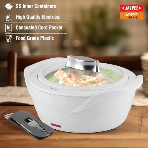Jaypee Plus Power Serve Inner Stainless Steel Electric Casserole with Glass Lid, 1500 ml, Removable Steel Bowl for Easy Cleaning |Food Grade Serving Set |Ideal For Serving Warm Dish, White|B09MTV2QKB