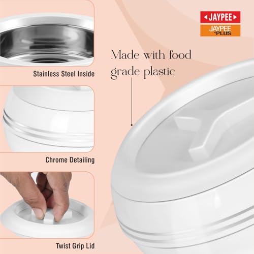 JAYPEE Teen Bhoj Inner Stainless Steel Casserole Set of 3|Lockable Lid|BPA Free|Roti Box|Easy to Carry|Food Grade| Rust Free Casserole for roti 1200,1500,2500 ml| Best for Gifting Purpose,Super White|B078H9VTN2
