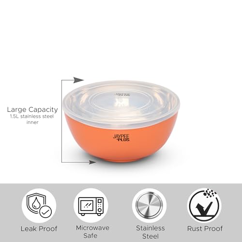 Jaypee Plus Stainless Steel Mixing & Serving Bowl Set of 2 with Lid,Rustproof,Microwave Safe,1500 ml, Orange|B0CRZ74WR6