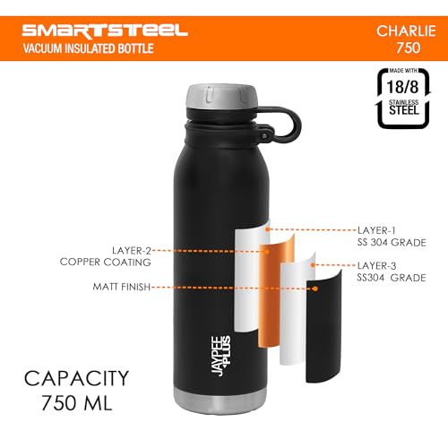 Jaypee Plus Charlie Stainless Steel Water Bottle,Long Hours Hot and Cold Water Bottle| Leak Proof | Office Bottle | Gym Bottle | Hiking | Trekking | Travel Bottle 750 ml, Black|B0CV5R59PR