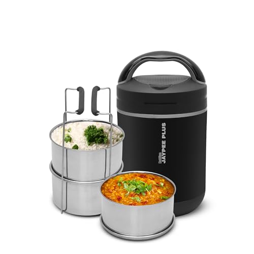 Jaypee Plus Hottline 3-320X3 ml Inner Stainless Steel |Outer Plastic Body|Electric Lunch Box for Offfice|Shockproof Design|BPA Free|Reheat Food in 30 Minutes|Convenience case for Power Cord,Black|B0727R3MGN