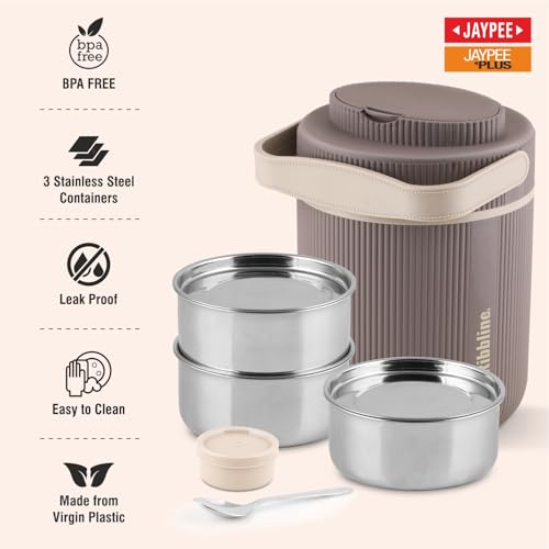 Jaypee Plus Ribbline Electric Lunch Box with 3 Stainless Steel Container (500 ml x3) Office Lunch Box for Men & Women with Spoon, 1 Small Box Leakproof Tiffin Box for Reheating Food,Mirror Grey|B0GQC1Z2LH