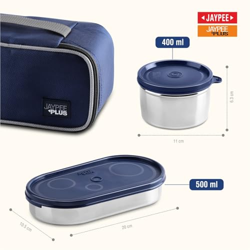 Jaypee Plus Basix Lunch Box for Office 1300 ml 3 Containers (1-450 ml, 2-400 ml) Air Tight Leakproof Stainless Steel Container with Bag | BPA Free | Easy to wash | Ideal for College & School, Blue|B0FSL7SYQD
