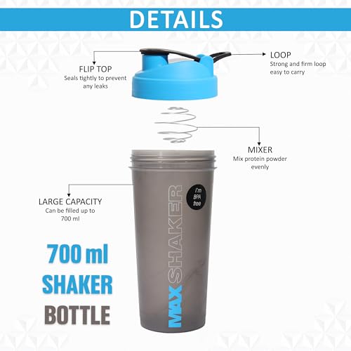 Jaypee Plus Max Shaker with blending ball |Protein Shaker for Gym |Gym Bottle |Shaker bottles | Travel shaker 700 ml, Grey Blue|B078H2LSWW