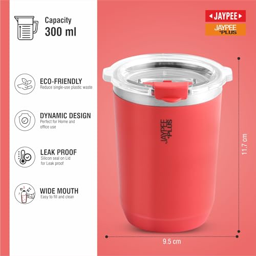 Jaypee Plus Myn Stainless Steel Insulated Coffee Mug Hot & Cold Spillproof Handy Sipper Travel Mug Suitable for Car, Tumbler Bottle, Vacuum Insulation Tea Cup, Matte Finish Non Slip, 300 ml, Red|B0G2XRH7P2