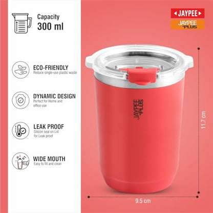 Jaypee Plus Myn Stainless Steel Insulated Coffee Mug Hot & Cold Spillproof Handy Sipper Travel Mug Suitable for Car, Tumbler Bottle, Vacuum Insulation Tea Cup, Matte Finish Non Slip, 300 ml, Red|B0G2XRH7P2