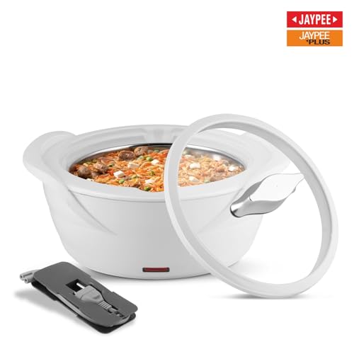 Jaypee Plus Power Serve Inner Stainless Steel Electric Casserole with Glass Lid, 1500 ml, Removable Steel Bowl for Easy Cleaning |Food Grade Serving Set |Ideal For Serving Warm Dish, White|B09MTV2QKB