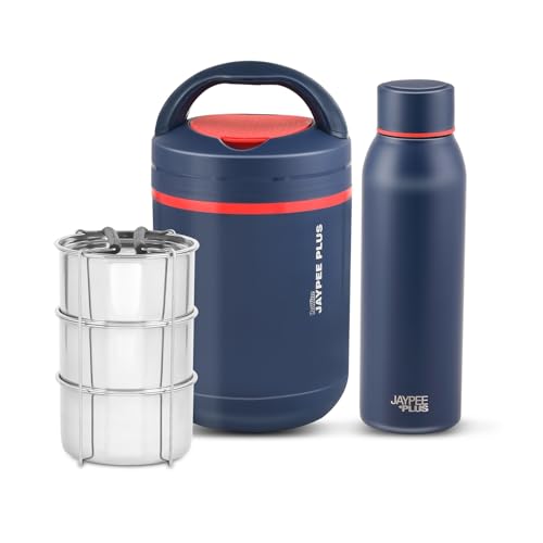 Jaypee Plus Hottspot Electric Lunch Box with 3 Stainless Steel containers 350 ml Each & 650 ml Vaccum Insulated Hot & Cold Water Bottle | Easy to Carry, Pull in & Out | Food Grade,Green|B0DNSZ9JQV