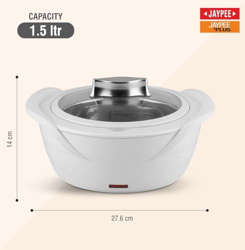 Jaypee Plus Power Serve Inner Stainless Steel Electric Casserole with Glass Lid, 1500 ml, Removable Steel Bowl for Easy Cleaning |Food Grade Serving Set |Ideal For Serving Warm Dish, White|B09MTV2QKB