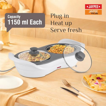 Jaypee Plus 1150 ml +1150 ml Stainless Steel Electric Casserole Set | Shockproof, Rustproof | 2 in 1 Electric Bowl for Food Warmer & Buffet Server - (White)|B0837PKWCK
