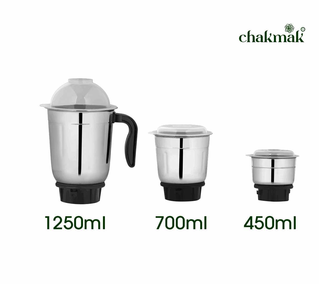 Chakmak Bolt Mixer Grinder 500W With 3 Multipurpose Jar | Chutney Making | Dry Grinding | Wet Grinding | Blender Mixer | Steel Jar Capacity 1250ml, 700ml, 400ml | 2 Year Warranty