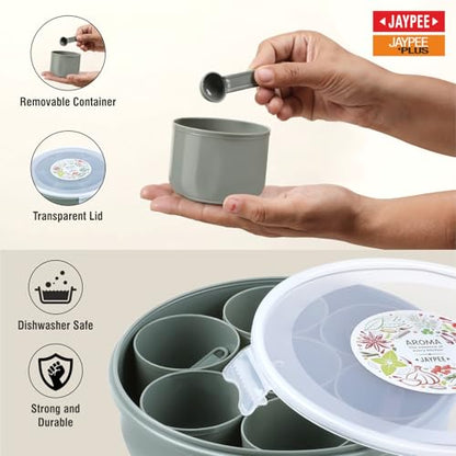 JAYPEE Aroma Spice Box with 7 plastic Container & Spoon |Masala Dani For Kitchen|Spice Organiser With See Through Lid |Masala Dabba Organizer |Lockable Lid |Food Grade, (1.6 Ltr), Green|B0F2GB19DY