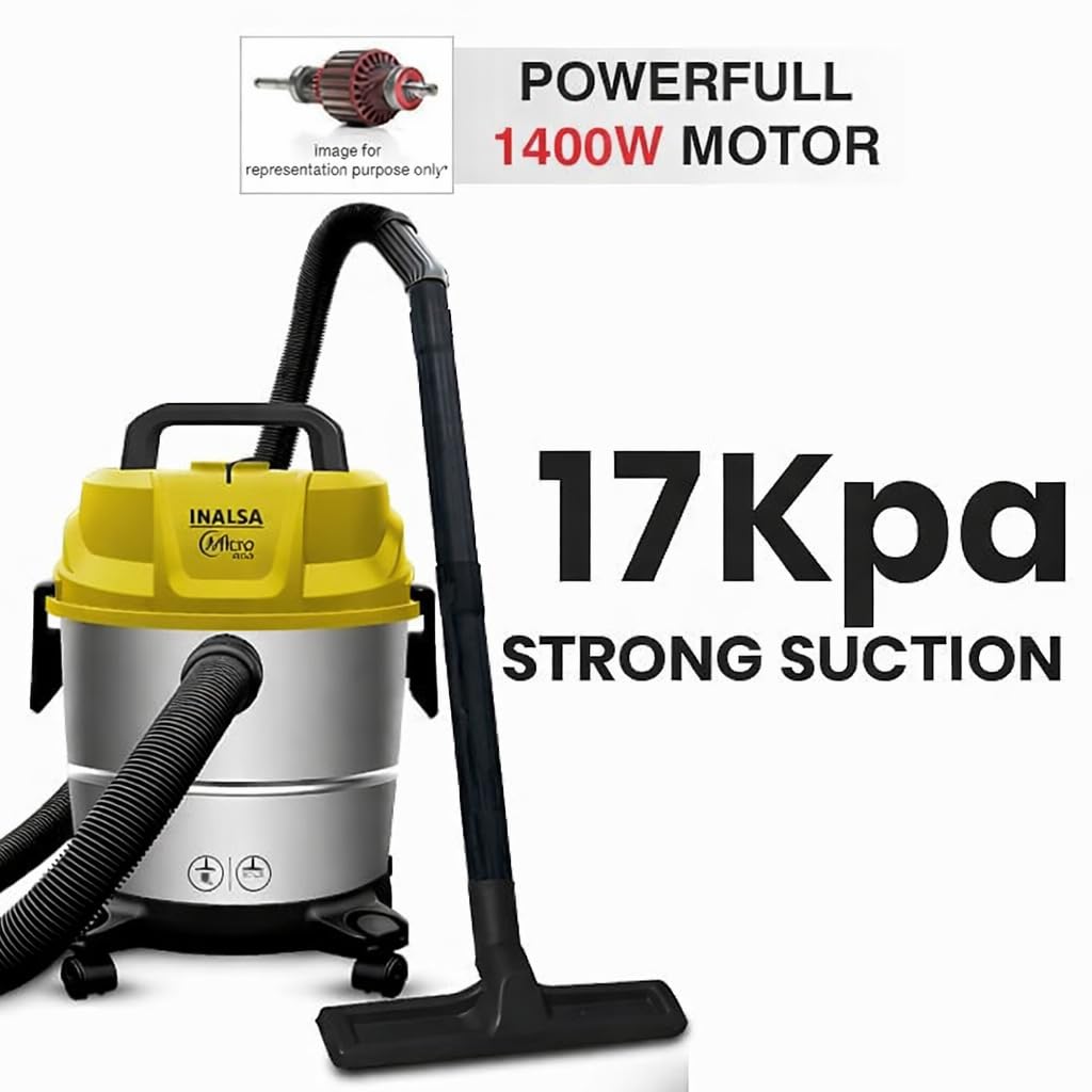INALSA Wet and Dry Vacuum Cleaner for Home, 15 LTR Capacity,1400 W, 17 kPa Suction, Blower Function,HEPA Filter, Wet Vacuum Cleaner for Sofa, House Cleaning Machine,Stainless Steel Body (Micro WD15)