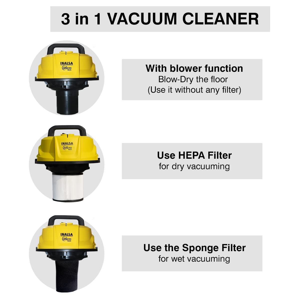 INALSA Wet and Dry Vacuum Cleaner for Home, 15 LTR Capacity,1400 W, 17 kPa Suction, Blower Function,HEPA Filter, Wet Vacuum Cleaner for Sofa, House Cleaning Machine,Stainless Steel Body (Micro WD15)