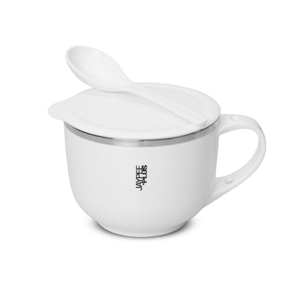 Jaypee Plus Stainless Steel Soup Bowl with Lid & Spoon Holder Souptok, Maggi Bowl Noodles Pasta Bowl, Mug for Milk, Best Diwali Gift, Mug for Kids, Girls, Boys, Birthday, Ivory 700 ml