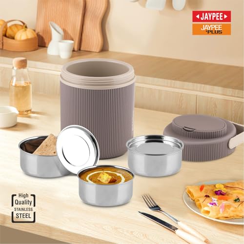 Jaypee Plus Ribbline Electric Lunch Box with 3 Stainless Steel Container (500 ml x3) Office Lunch Box for Men & Women with Spoon, 1 Small Box Leakproof Tiffin Box for Reheating Food,Mirror Grey|B0GQC1Z2LH