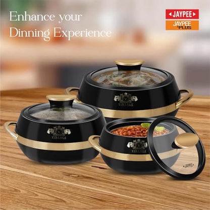 JAYPEE Vintage Inner Stainless Steel Casserole Set of 3 with Lockable Lid |1000+1500+2000 ml |BPA Free Insulated Casserole Set |Food Grade Serving Set |Ideal for Chapati,Warm & Fresh Food,Black|B09QST6FTX