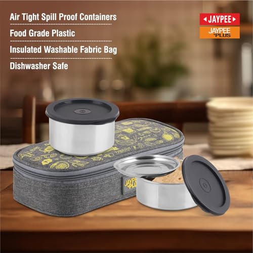 Jaypee Plus Magicseal Stainless Steel 2 Container Office Lunch Box 350 ml Each with Steel Dish & Insulated Washable Bag Spillproof Leakproof Lunch Box for Man & Women Airtight Tiffin Box,Grey|B0GGJR9HX5