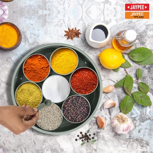 JAYPEE Aroma Spice Box with 7 plastic Container & Spoon |Masala Dani For Kitchen|Spice Organiser With See Through Lid |Masala Dabba Organizer |Lockable Lid |Food Grade, (1.6 Ltr), Green|B0F2GB19DY